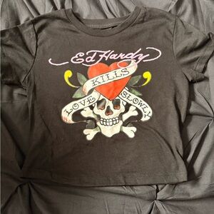 Ed Hardy Black Tee with Skull and Heart Graphic